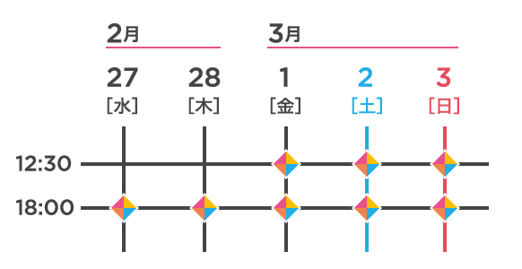 2019.2.27(水)18:00 2.28(木)18:00 3.1(金)12:30 18:00 3.2(土)12:30 18:00 3.3(日)12:30 18:00