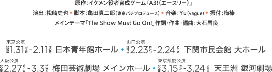 原作：イケメン役者育成ゲーム『A3!（エースリー）』 演出：松崎史也 脚本：亀田真二郎（東京パチプロデュース） 音楽：Yu（vague） 振付：梅棒 メインテーマ「The Show Must Go On!」作詞・作曲・編曲：大石昌良