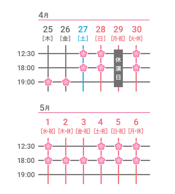 2019.4.25(木)19:00 4.26(金)19:00 4.27(土)12:30 18:00 4.28(日)12:30 18:00 4.29(月/祝)休演日 4.30(火/休)12:30 18:00 5.1(水/祝)12:30 18:00 5.2(木/休)18:00 5.3(金/祝)18:00 5.4(土/祝)12:30 18:00 5.5(日/祝)12:30 18:00 5.6(月/休)12:30 18:00