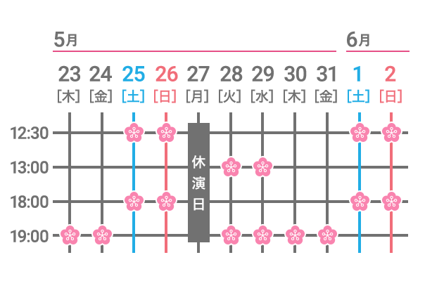 2019.5.23(木)19:00 5.24(金)19:00 4.25(土)12:30 18:00 6.26(日)12:30 18:00 5.27(月)休演日 5.28(火)13:00 19:00 5.29(水)13:00 19:00 5.30(木)19:00 5.31(金)19:00 6.1(土)12:30 18:00 6.2(日)12:30 18:00