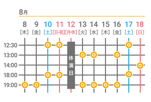 2019.8.8(木)19:00 8.9(金)19:00 8.10(土)12:30 18:00 8.11(日/祝)12:30 18:00 8.12(月)休演日 8.13(火)13:00 19:00 8.14(水)13:00 19:00 8.15(木)19:00 8.16(金/祝)13:00 19:00 8.17(土)12:30 18:00 8.18(日)14:00