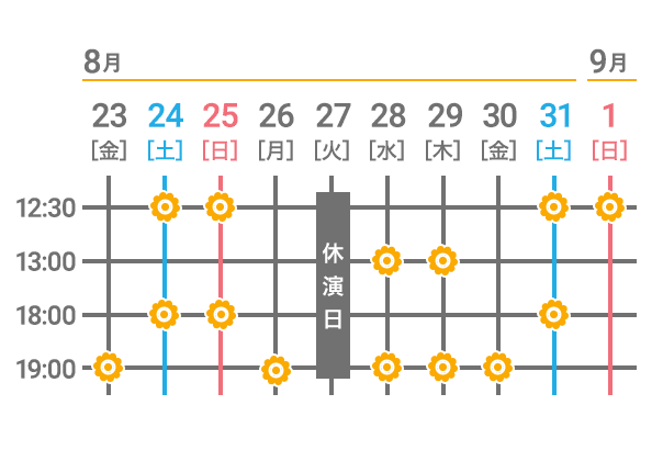 2019.8.23(金)19:00 8.24(土)12:30 18:00 8.25(日)12:30 18:00 8.26(月)19:00 8.27(火)休演日 8.28(水)13:00 19:00 8.29(木)13:00 19:00 8.30(金)19:00 8.31(土)12:30 18:00 9/1(日)12:30